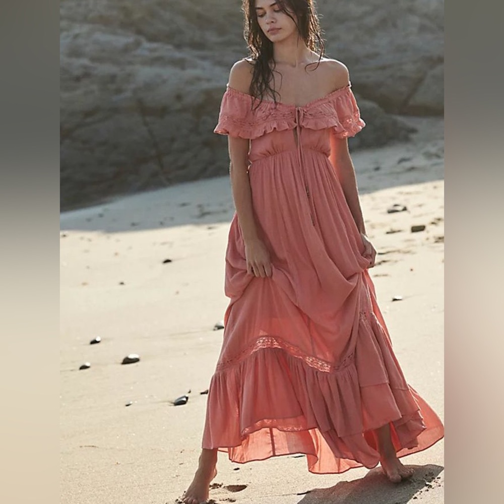 Free People Moonlight Ocean Open Back Ruffle Romantic Off Shoulder Maxi Dress - Picture 2 of 7